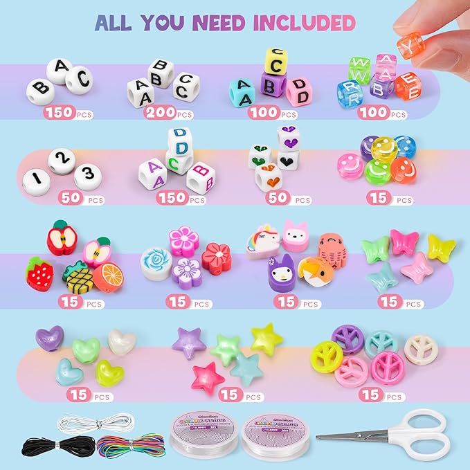 Gionlion 7 Boxes Pony Beads Bracelet Making Kit, 144 Colors 6x9mm Kandi Rave Beads, Friendship Bracelet Kit with 800Pcs Letter Bead for DIY Jewelry, Keychains, Arts and Crafts Gift for Girls Kids