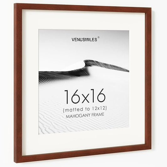 16x16 Picture Frame, USA-Sourced Natural Mahogany Wood Photo Collage Frame with HD Tempered Glass, Modern Simple 16 x 16 Wooden Frame Matted to 12x12, Gallery Wall Frames for Art