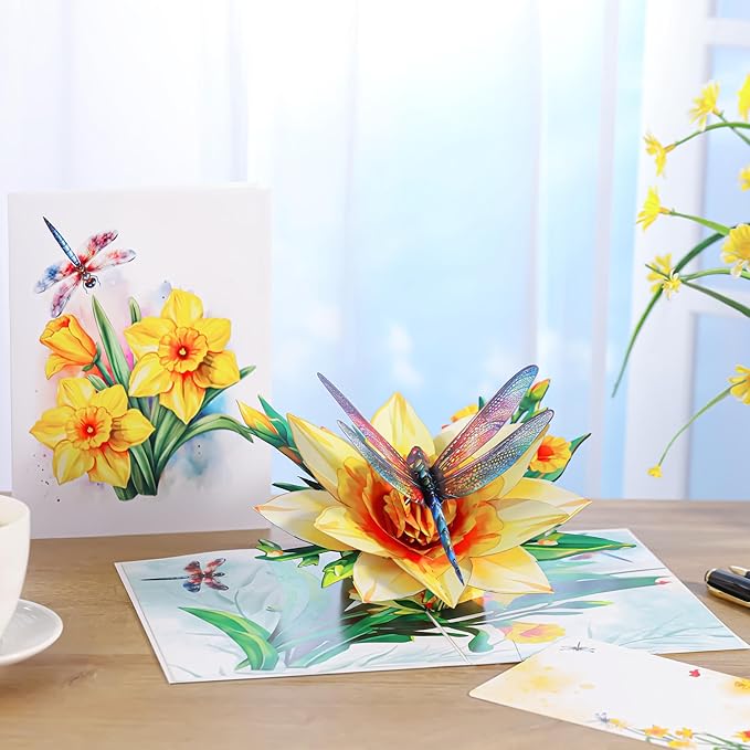Dragonfly & Daffodils Flower Pop Up Card, 3D Birthday Card for Women, Mom, Gift for Birthday, Mothers Day, Valentines, Thank You, All Occasion for Her, Wife, Grandma, Sister, Daughter, Girlfriends