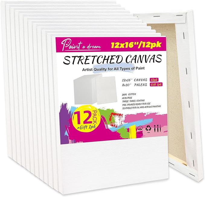 12-Pack Stretched Canvas for Painting – 100% Cotton Triple Primed 12x16 Canvas Frame, 5/8" Profile Value Pack Blank Painting Canvas for Adults & Kids – Ideal for Oil & Acrylic Paint, Watercolor