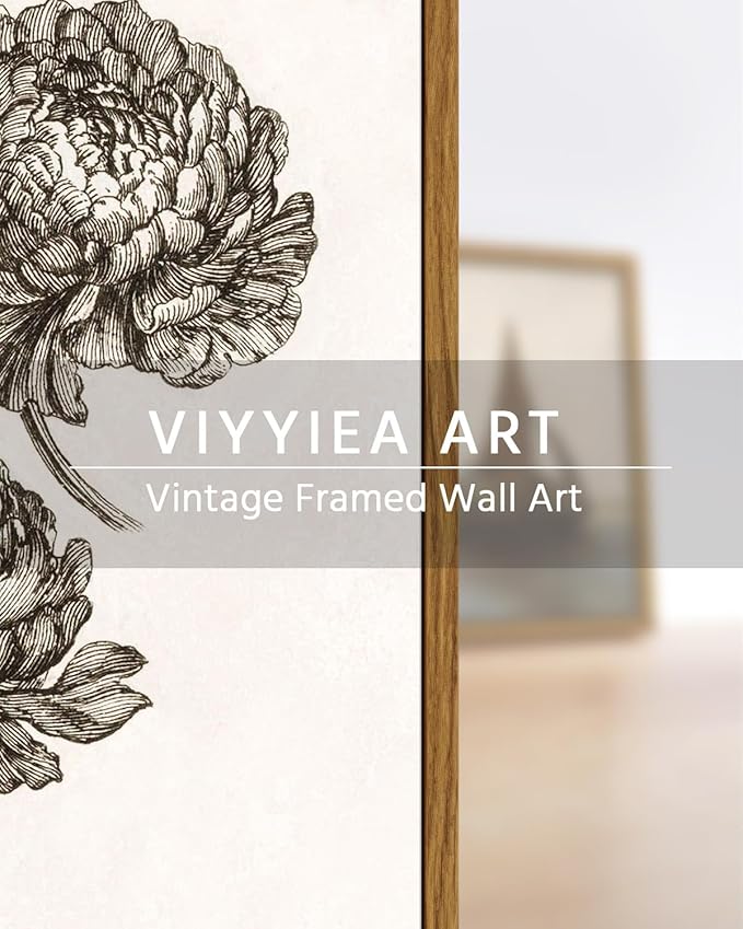 VIYYIEA Vintage Cottagecore Decor Framed Wall Art, Botanical Sketch Wall Art Bedroom Decor, Canvas Print Peony Pictures, Living Room Bedroom Country Decorations, 12x16 inch
