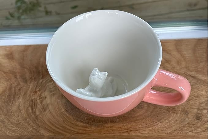 Creature Cups STRETCHING CAT Ceramic Cup (11 Ounce, Peach Exterior) - Hidden 3D Animal Inside - Stretching Kitty Mug - Birthday, Mother's Day, Housewarming Drinkware Gift