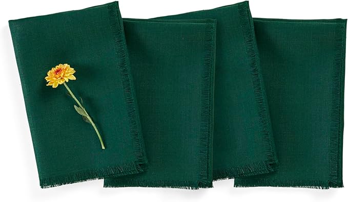 Solino Home Evergreen Linen Napkins Set of 4-100% Pure Linen Fringe Dinner Napkins 20 x 20 Inch for Winter, St Patricks Day - Handcrafted and Machine Washable