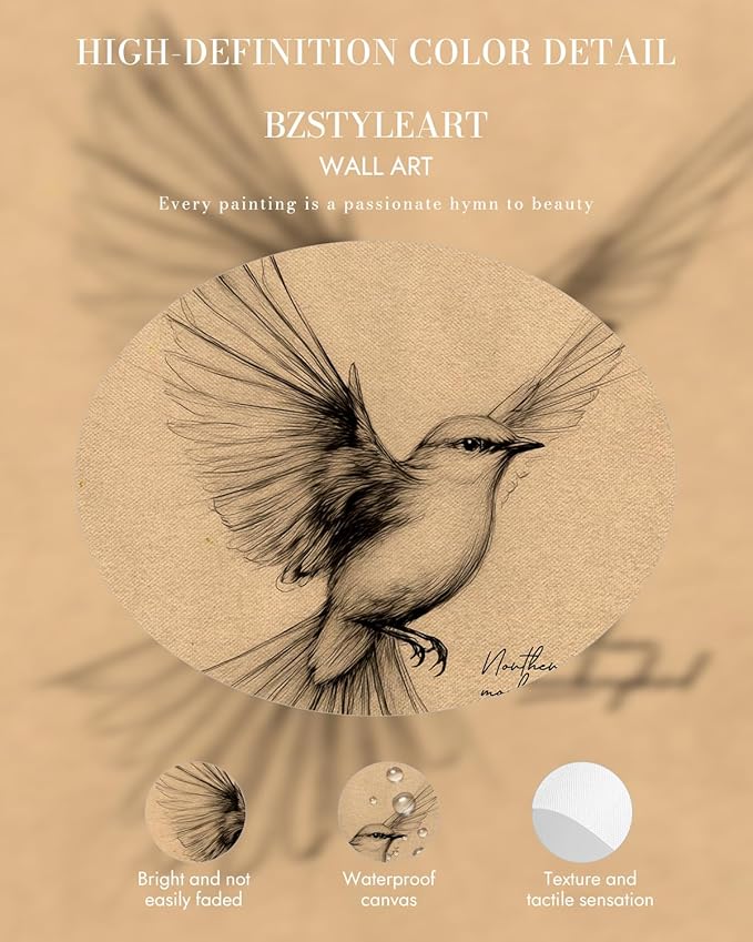 Bzstyleart Vintage Wall Art Decor,Framed Vintage Wall Decor Texas State Bird,Anthropologie Art,Birds Canvas Prints Home Decor,Sketch Painting Picture for Living Room Decor,12L x 16W