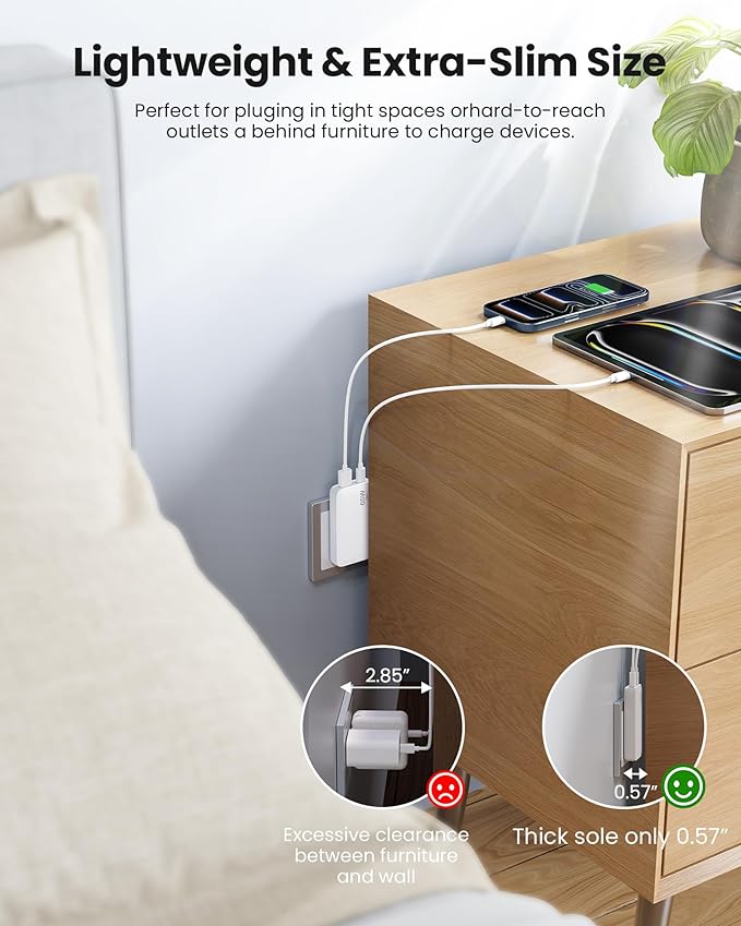 65W Ultra-Thin Foldable Charging Plug USB-C, Portable Mobile Phone and Laptop Charger, USB-C Wall Multi-Port Charger Outlet Suitable for iPhone 15/16/17 Series and Samsung Galaxy Series Models