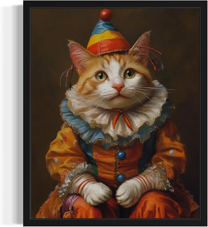 Clown Portrait Art Poster Print, Cat Kitten Painting Humor Portrait Pet Artwork Decor Gallery A8 (11 x 14 inches, Black Frame)