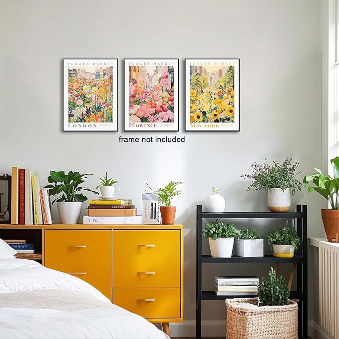XLARTMY Flower Market Wall Art Print Canvas Yellow Pink Floral Paintings Colorful Botanical Sunflower Artwork Travel Poster for Decor Picture 3 pieces for Living Room Bedroom Bathroom 12x16in Unframed