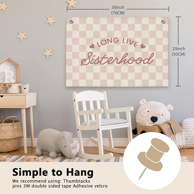 Long Live Sisterhood Preppy Pink Checkered Girls Room Decor - Linen Banner Wall Hanging Canvas Banner Flag Decor for Toddler Girly Bedroom Playroom Nursery Dorm Apartment