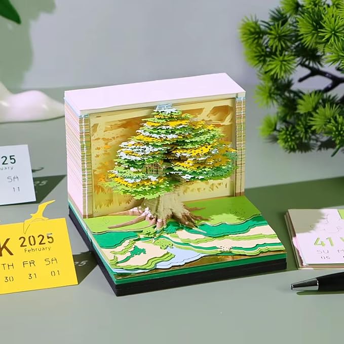 Time Piece Calendar 2026,3D Tree Tear-Away Memo Pad Creative Desk Calendars,3D Notepad Paper Carving Art Sticky Notes,3D Calendar 2026 Suitable for Room and Office Desktop Decoration