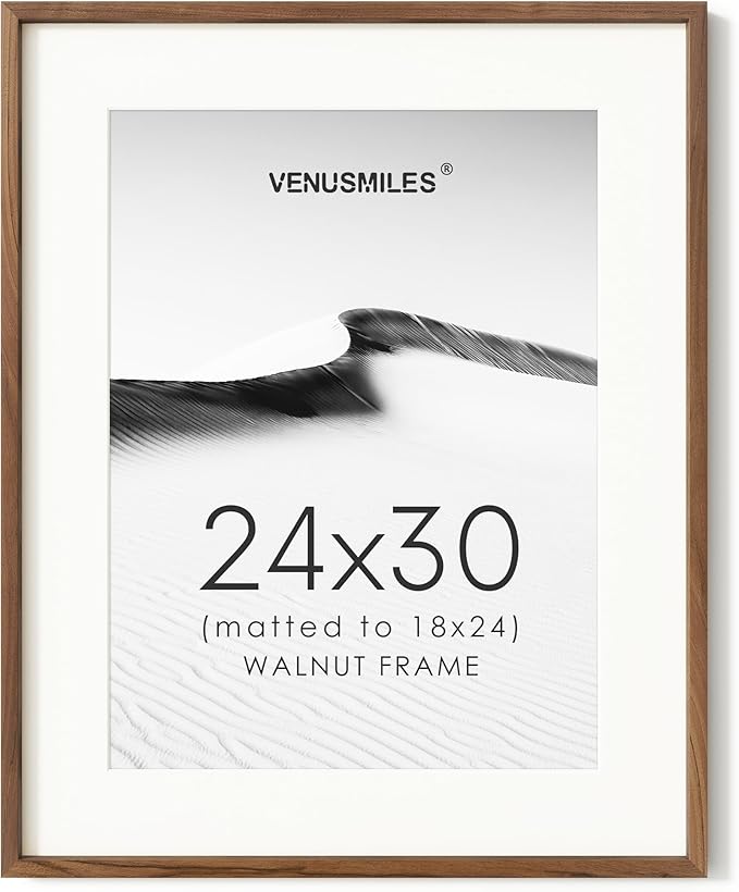 24x30 Poster Frame, USA-Sourced Natural Walnut Wood Picture Collage Frame with HD Tempered Glass, Modern Simple 24 x 30 Wooden Photo Frame Matted to 18x24, Vertical & Horizontal Wall Hanging Display