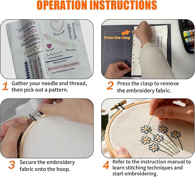 2026 Upgraded Embroidery Stitch Book Kit 6-Ring Binder Clip Design & Oversized 10.8x8.1x1.0 Inches 86 PCS Complete Toolkit with 138 Large Clear Patterns Portable for Beginners Adults DIY Craft & Gift