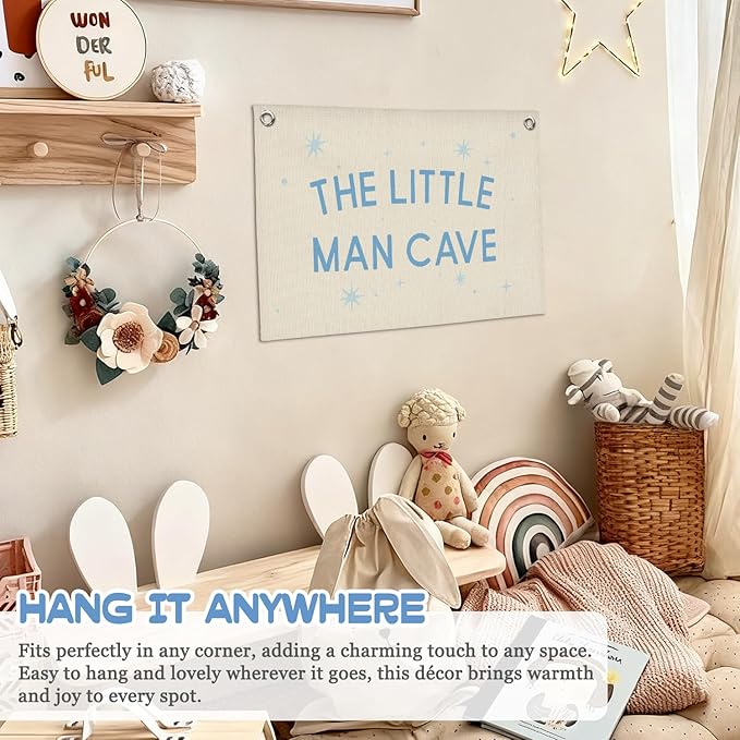 Little Man Cave Boys Room Decor Wall Art,Blue Nursery Wall Decor Hanging Banner Print for Kids Boys Toddler Nursery Room Bedroom Playroom, 30x20 Inch