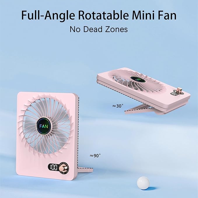Mini Portable Fan, Silent Rechargeable Desk & Handheld with Adjustable Speeds & Angles, Long-Lasting Battery, Light Personal Wireless Cooling for Office, Bedroom, Classroom, Travel
