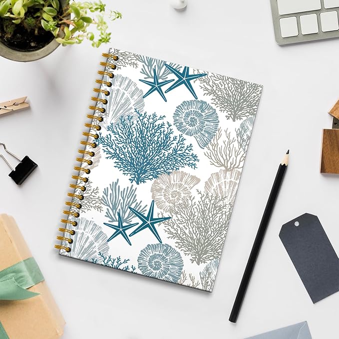 Vintage Beach Ocean Notebook, Ocean Themed Gifts Journal, Preppy Beachy Nautical Journal, Beach Office Decor, Coastal Starfish Carol Seashell Hardcover Spiral Notebooks, 5.5x8.3 Inch