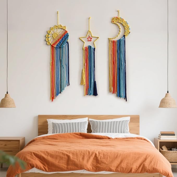 3 Pack Macrame Hanging Tapestry Wall Art Set Boho Woven Tapestries Sun Moon Star Large Dream Catcher Coloful Wall Decor Bedroom Aesthetic Living Room Decor