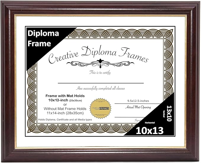 Creative Picture Frames 10x13 Mahogany Gold Rim Diploma Frame with White Mat Glass Easel and Installed Wall Hangers | Frame Holds 11x14 Media without Mat