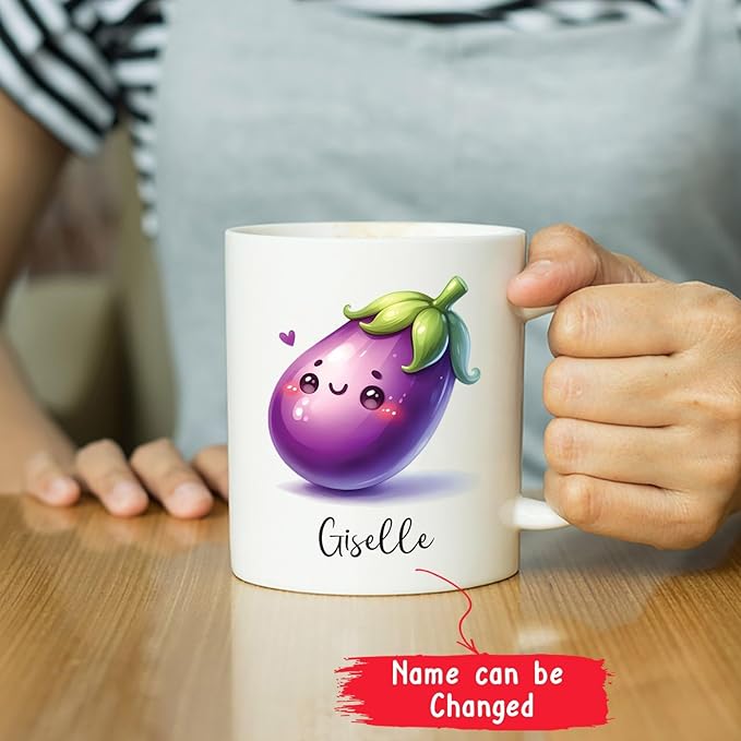 Personalized Eggplant Mug, Aubergine Ceramic Cup, Aubergine Travel Cups Gifts for Kids Friends Eggplant Lovers, Vegetable Cup, Veggie Tea Mug, Customized Aubergine Coffee Mug With Name 11oz 15oz