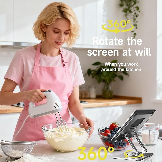 iPad Stand for Desk, Tablet Holder with Thickened 360° Rotating Base Dual Rod Adjustable Aluminum Stand for All 4-12.9’’ iPad Surface Samsung Phone Tablet Kindle E-Reader and More, Silver