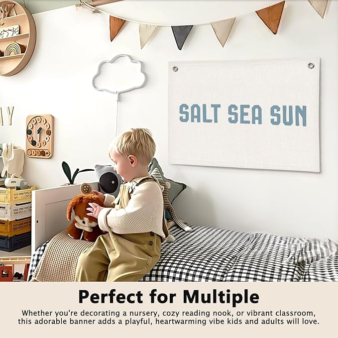Coastal Beach Salt Sea Sun Kids Room Decor - Linen Banner Wall Hanging Canvas Banner Flag Decor for Kids Toddler Bedroom Nursery Playroom