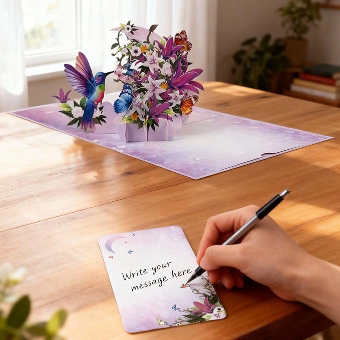 Greeting Card Hummingbird with Lilies and Butterflies 3D Pop-Up Cards Handmade Birthday Flower Gift for Women, Mom, Wife, Men 6x8 Inches Aniversary Wedding Christmas Gifts