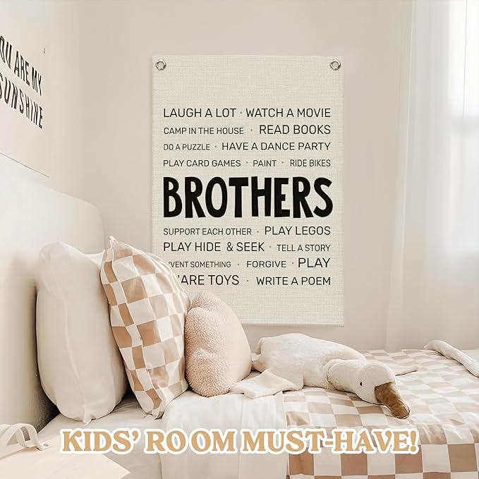 Boys Room Decor,Brothers Make The Best Friends Toddler Room Banner,Playroom Linen Canvas Wall Hanging Flag Decor for Nursery,Playroom,Bedroom,Living Room 18x25 Inch