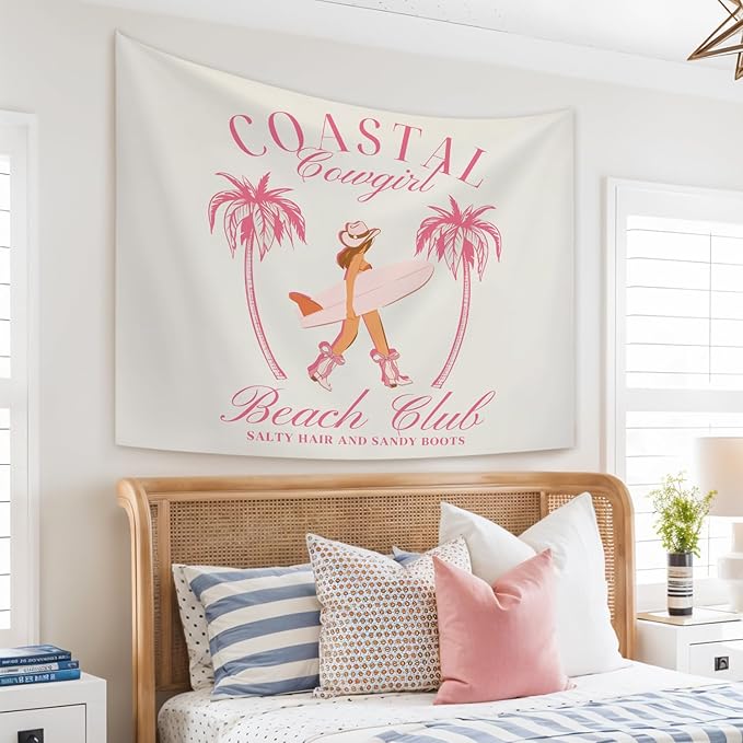 STHTTSW Coquette Coastal Cowgirl Tapestry, Pink Aesthetic Tapestries Wall Blanket, Preppy Girly Wall Hanging Decor for Teen Girl Women Room College Dorm Apartment Bedroom, 50x60 Inch