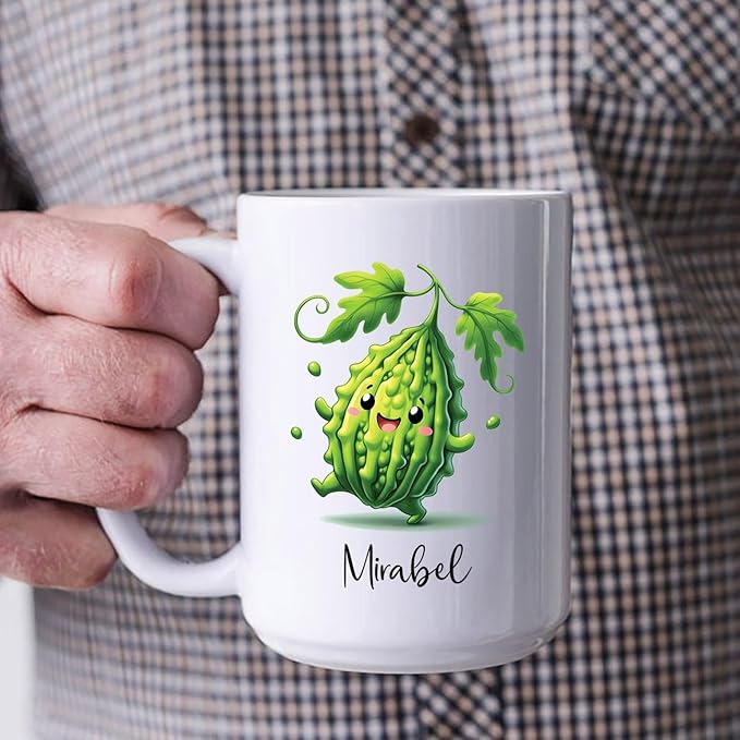 Personalized Cute Bitter Gourd Vegetable Coffee Cup 11oz 15oz, Funny Bitter Gourd White Ceramic Mug Gifts For Men Women, Custom Name Bitter Gourd Lover Coffee Mug, Bitter Gourd Fans Travel Cups