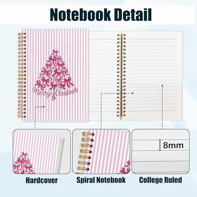 Coquette Pink Bow Christmas Spiral Notebook, Preppy Christmas Tree Journal for School Office Supplies, Girly Xmas Aesthetic Holiday Hardcover Journal 5.5x8.3 Inch