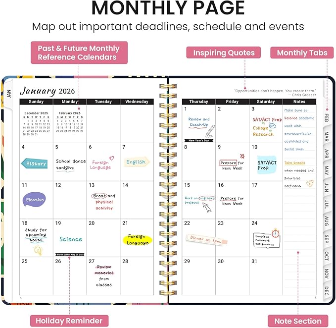 2026 Planner, Weekly and Monthly Calendar Planner for Women, Jan 2026 - Dec 2026, Hardcover Planning Agenda book with Tabs, Spiral Bound, Inner Pocket, Perfect for School Office Supplies, 6.3" x 8.5" - Stamp