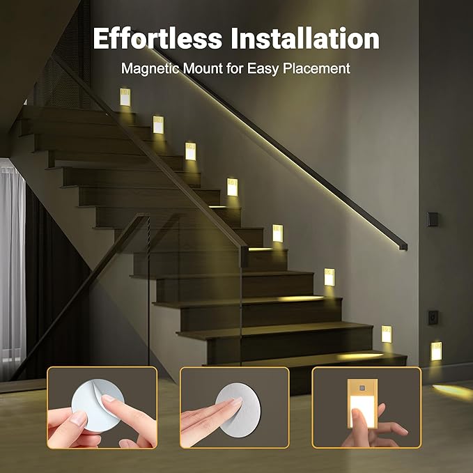 V4light Rechargeable Motion Sensor Night Lights, 8-Pack - Painted Grey Aluminum Alloy, Ultra-Compact Magnetic Mount, 3000K Warm White Glow, Ideal for Hallways, Bedrooms, Stairs & Nightly Use