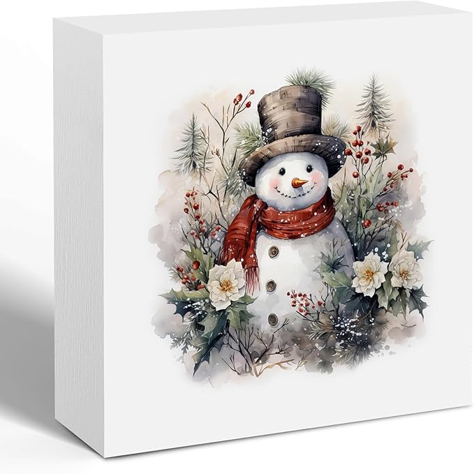Vintage Christmas Snowman Wooden Box Sign,Farmhouse Winter Christmas Wood Signs for Home Office Desk Shelf Table Decor,Snowman Decorations,Winter Decorative Signage,5x5 Inch