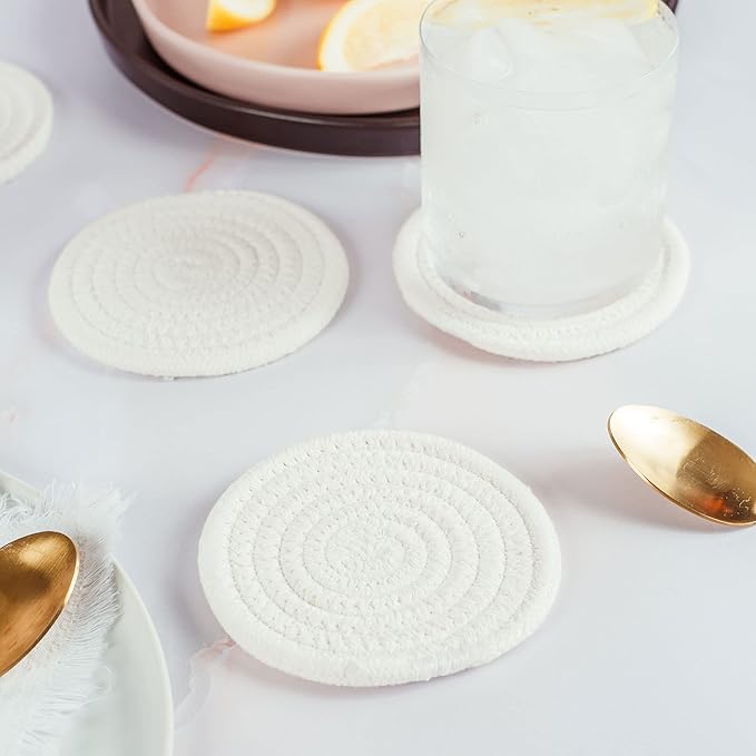 OrganiHaus Drink Coasters Set of 6, Absorbent Cotton Woven Cup Coasters, Rustic Farmhouse Boho Decor for Coffee Table and Drinks Protection, Cute Coaster for Drinks - Off-White