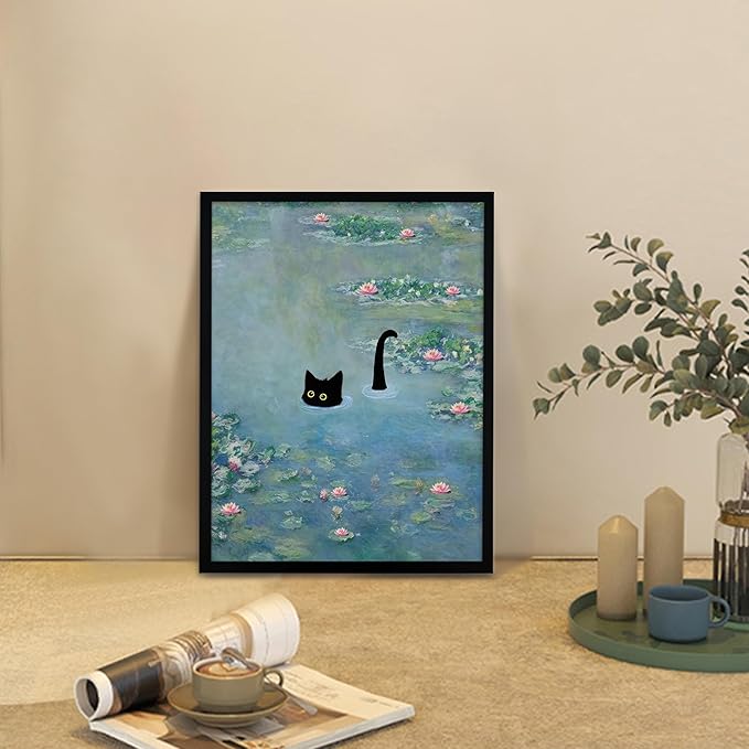 Fantasy Artists Monet Water Lilies Cat Wall Art, Framed Vintage Canvas Art Wall Decor, Funny Black Cat Posters Prints for Bathroom Bedroom Living Room Home Office Decorations 16" Wide X 24" Height