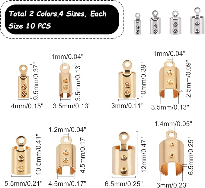 UNICRAFTALE About 80pcs 4 Sizes 2.5/3/4/5.5mm Leather Crimps Ends for Jewelry Making, Golden & Stainless Steel Color Folding Crimp Ends, Fold Over Cord Ends Jewelry Finding Kit for Bracelets