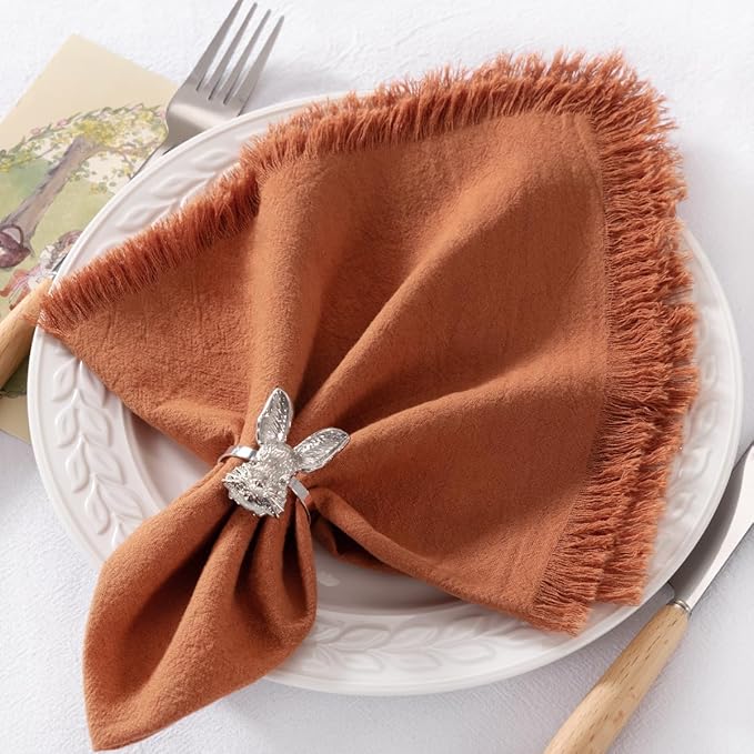 6 Pack Terracotta Cotton Linen Napkins with Fringe Spring Cloth Napkins Set of 6 Boho Handmade Dinner Napkins Bulk for Wedding Bridal Baby Shower Valentine's Day, 17 x 17 Inches