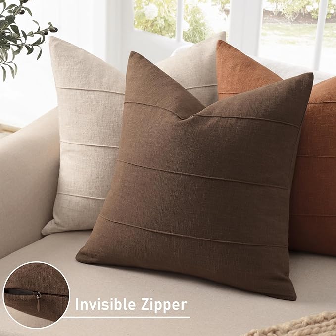ZWJD Decorative Linen Throw Pillow Covers 22x2 Set of 22 Solid Handcrafted Striped Cushion Covers for Bed Soft Modern Farmhouse Neutral Pillowcase for Couch Bedroom Living Room Home Decor(Brown)