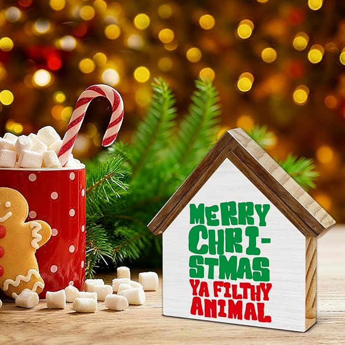 Funny Christmas Decor, Merry Christmas Ya Filthy Animal House Shaped Wood Sign, Xmas Decorations for Farmhouse Home Office