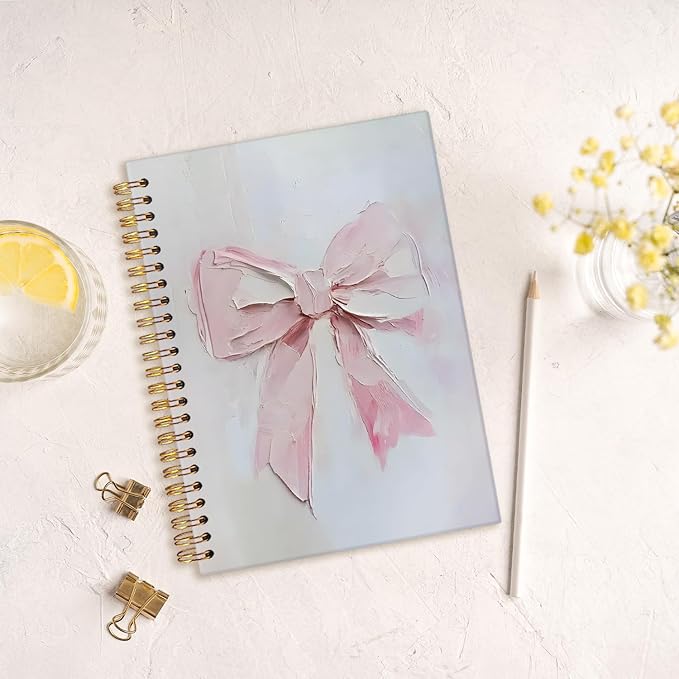 MOFUYU Journal for Women,Coquette Pink Bow Spiral Journal Notebook,Cute Notebooks for Women,Pink School Supplies Hardcover Spiral Notebook 5.5x8.3 Inch
