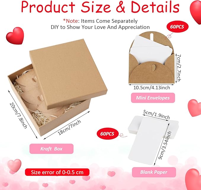 60 Set Mini Love Notes for Him Her with Envelope Valentines Day Gift Card Holder Mini Card with Envelope Long-Distance Relationship Gift for Him Her(4.1 x 2.8 Inch,Kraft,Brown)