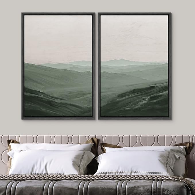 SIGNWIN Framed Canvas Print Wall Art Set Watercolor Green Mountain Valley View Nature Wilderness Illustrations Fine Art Farmhouse/Country Minimal for Living Room, Bedroom, Office - 16"x24"x2 Black