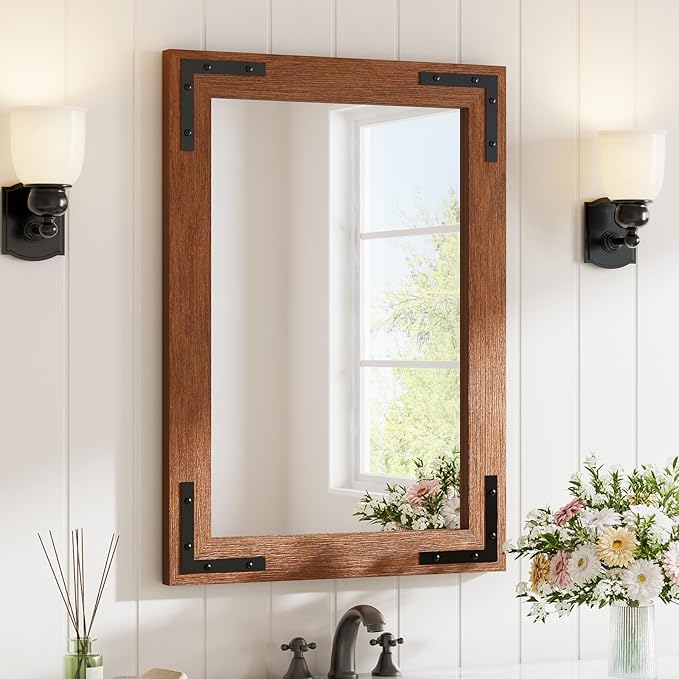 Farmhouse Bathroom Mirror,20"x28" Brown Wood Frame Rectangle Wall Mirror for Living Room Bedroom Entryway, Waterproof, Easy to Install