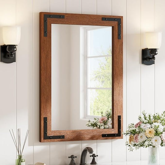 Farmhouse Bathroom Mirror,20"x28" Brown Wood Frame Rectangle Wall Mirror for Living Room Bedroom Entryway, Waterproof, Easy to Install