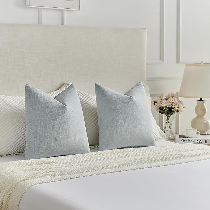 FUTEI Dusty Blue Chenille Decorative Throw Pillow Covers 20x20 Inch Set of 2,Soft Cozy Faux Linen Textured Cushion Case,Farmhouse Home Decor for Couch Living Room
