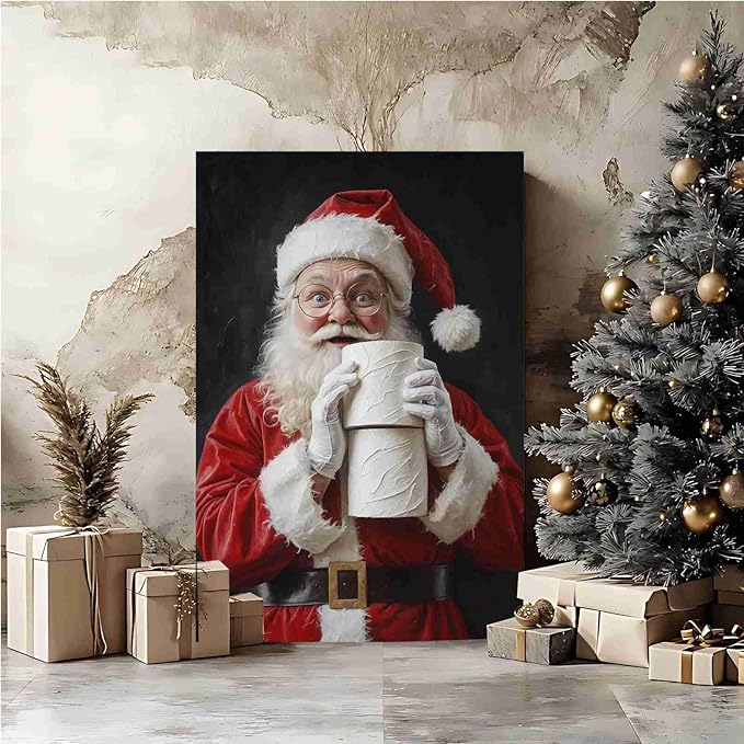 Santa Claus Canvas Print Santa with Toilet Paper Humorous Holiday Poster Holiday Evergreen Art Rural Art print Christmas Bathroom Canvas Painting Indoor Decor for Home Bathroom Living Room Funny