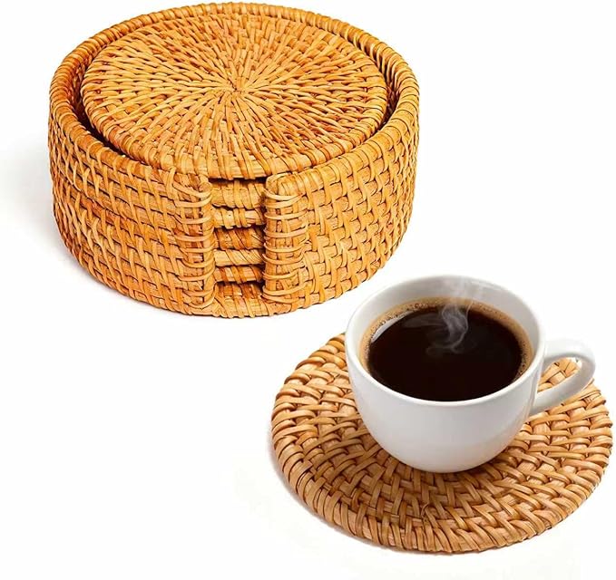 Handmade Rattan Coasters Set of 6 with Holder - Woven Aesthetic Drink Coasters for Table & Desk, Natural Boho Farmhouse Rustic Coffee Cup Pads, Home Bar Patio Table Outdoor Decor (Round)