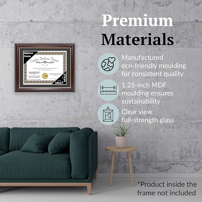 Creative Picture Frames 14x17 Mahogany Gold Rim Diploma Frame with Black Mat Glass and Installed Wall Hangers | Frame Holds 16x20 Media without Mat