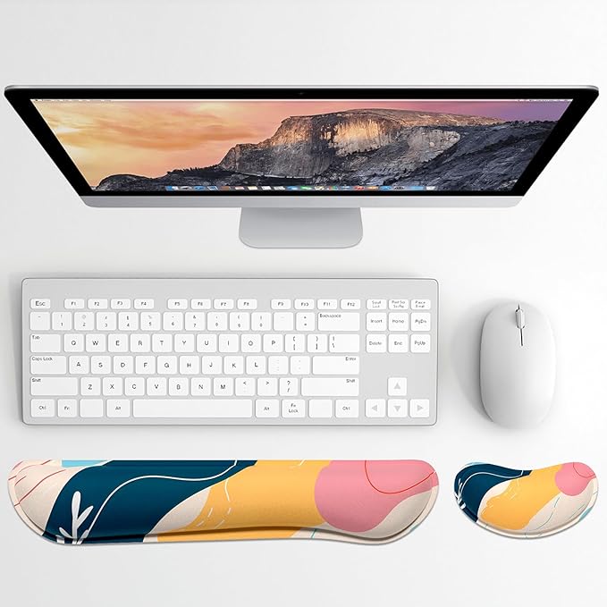 Dapesuom Enlarge Keyboard Wrist Rest, Memory Foam Wrist Cushion for Desk Mats Support, Cute Typing Pain Relief Keyboard Mouse Pad Rests Set with Non-Slip Base for Gaming Laptop Computer, Pink Abstract