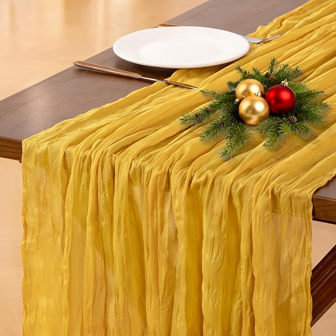 Socomi Gold Yellow Cheesecloth Table Runner Valentine's Day Boho Rustic Gauze 120 inch 10FT Cheese Cloth Runner for Wedding Party Baby Shower Birthday Home Decor Holiday Decorations