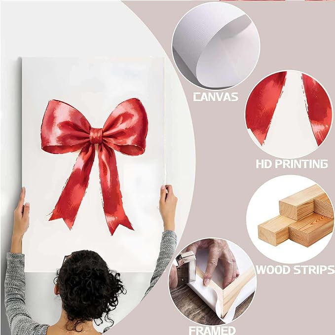 Framed Canvas Wall Art Vintage Red Christmas Bow Wall Art Winter Home Decor Red Bow Print Holiday Christmas Decor 20x30in Wood Framed