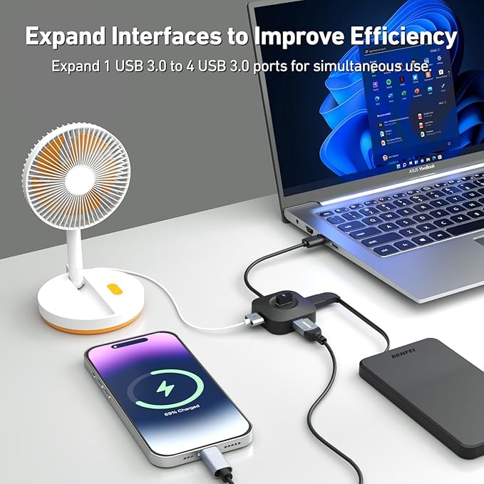 BENFEI USB 3.0 Hub, 4 Ports USB A Splitter Ultra Compact for Mouse, Keyboard, Flash Drive, U Disk, Printer Compatible with Laptop, Desktop PC, Xbox, PS5, and More